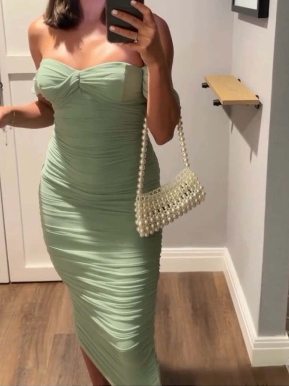 Hello Molly Sage Green Strapless Ruched Maxi Dress